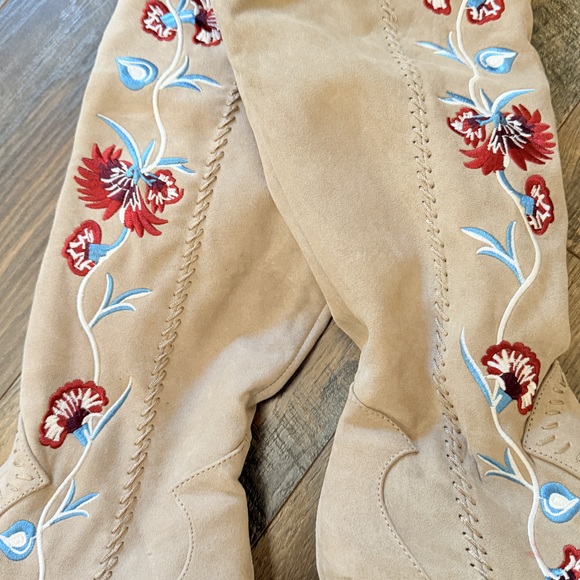 OTK Over the Knee Country Western Embroidered floral tan suede boots cottagecore - Picture 2 of 6